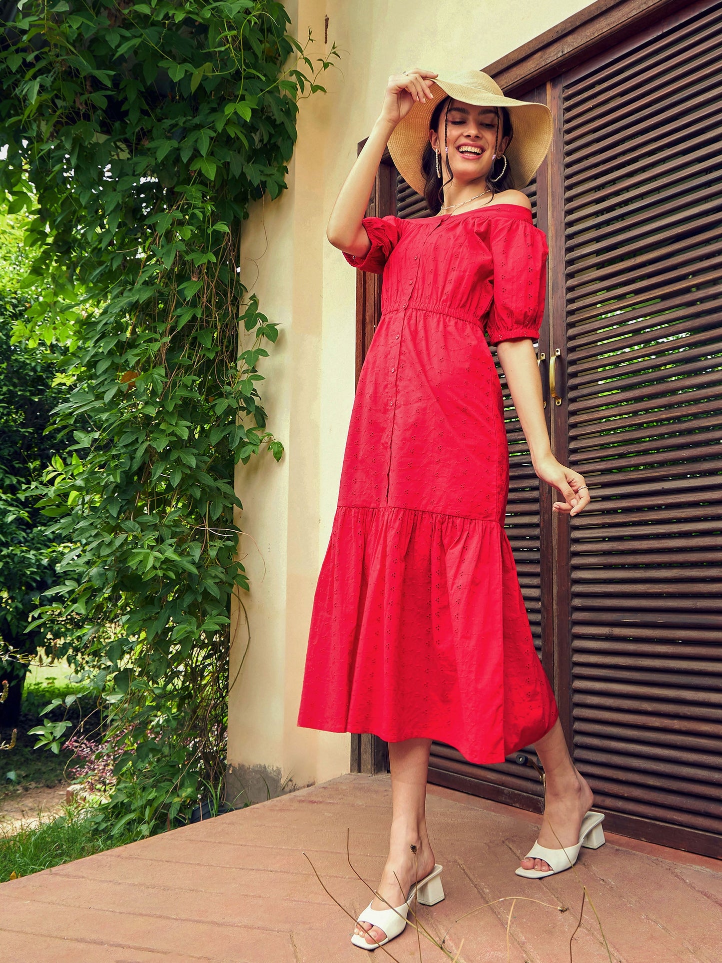 Red Schiffli Off-Shoulder Tiered Midi Dress