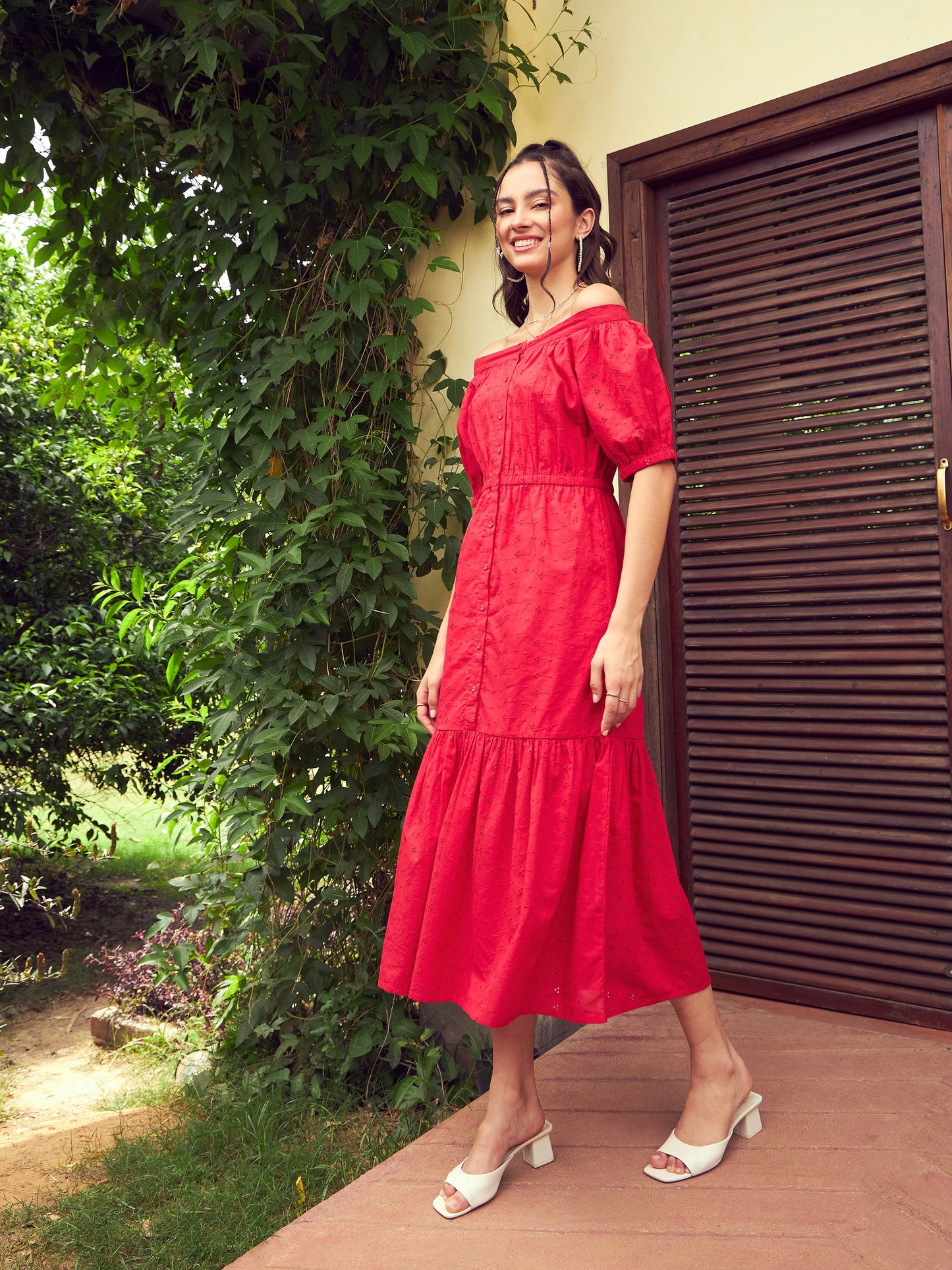 Red Schiffli Off-Shoulder Tiered Midi Dress