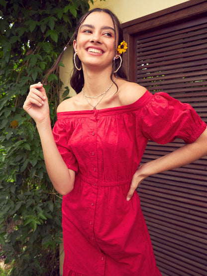 Red Schiffli Off-Shoulder Tiered Midi Dress
