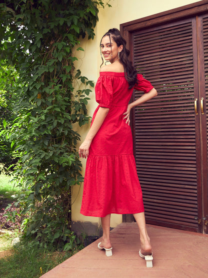 Red Schiffli Off-Shoulder Tiered Midi Dress