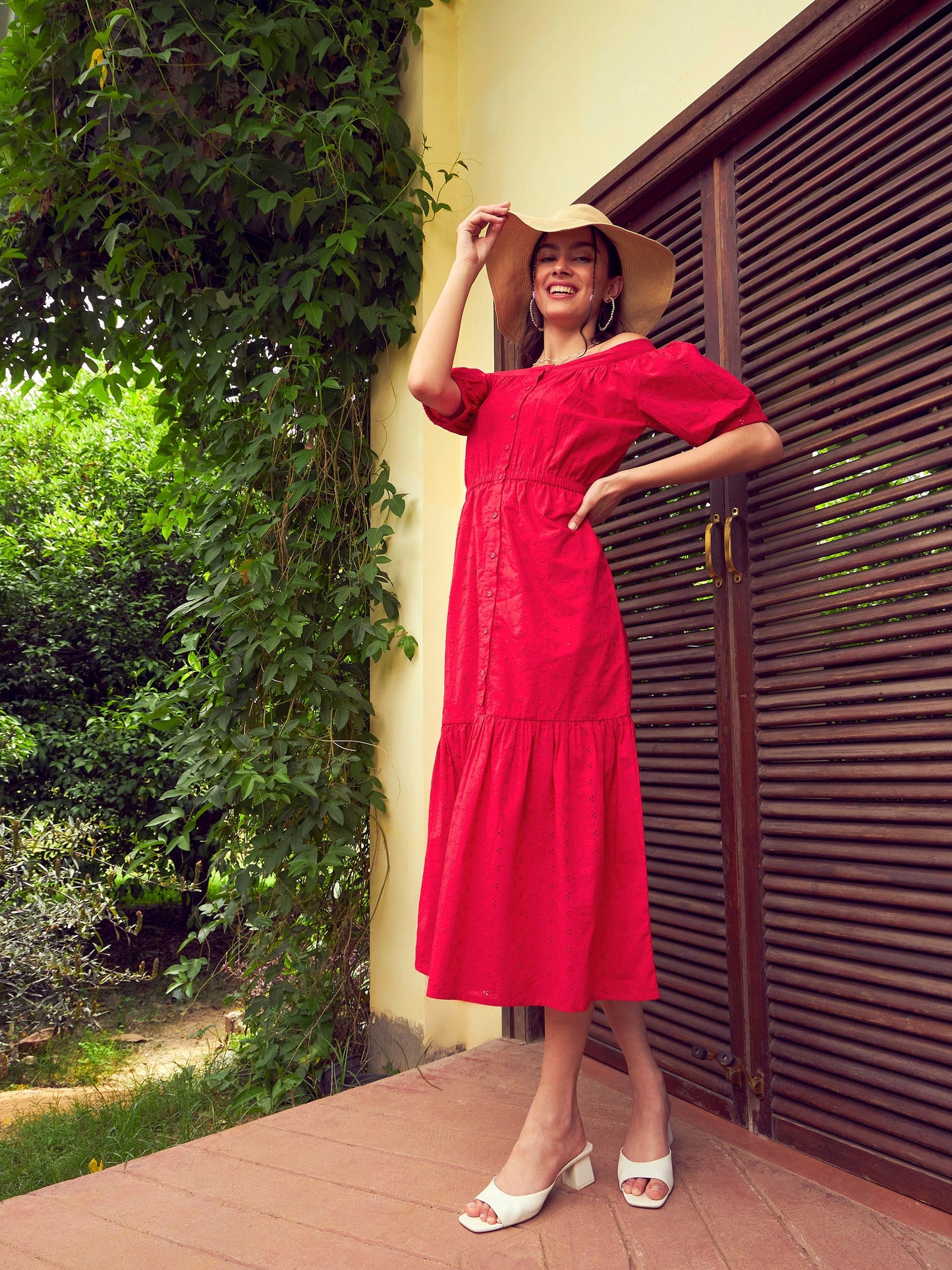 Red Schiffli Off-Shoulder Tiered Midi Dress