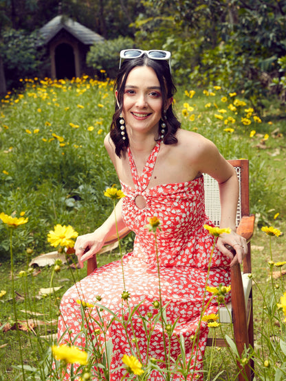 Red Ditsy Floral Halter Neck Maxi Dress