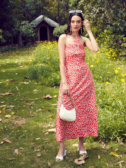 Red Ditsy Floral Halter Neck Maxi Dress