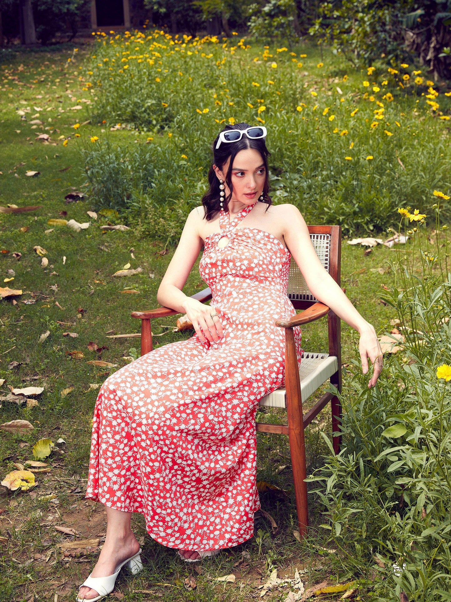Red Ditsy Floral Halter Neck Maxi Dress