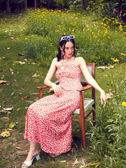 Red Ditsy Floral Halter Neck Maxi Dress