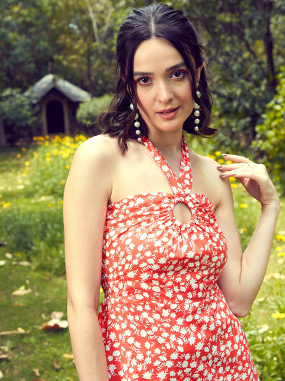 Red Ditsy Floral Halter Neck Maxi Dress