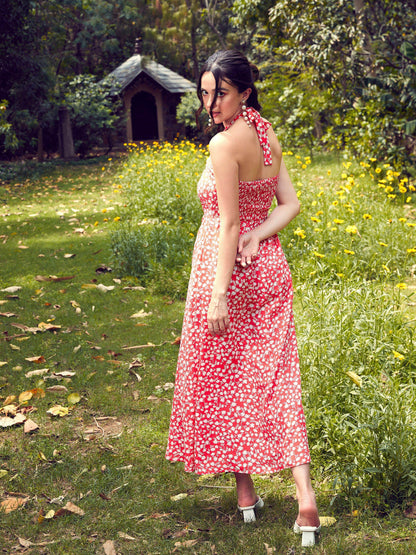 Red Ditsy Floral Halter Neck Maxi Dress