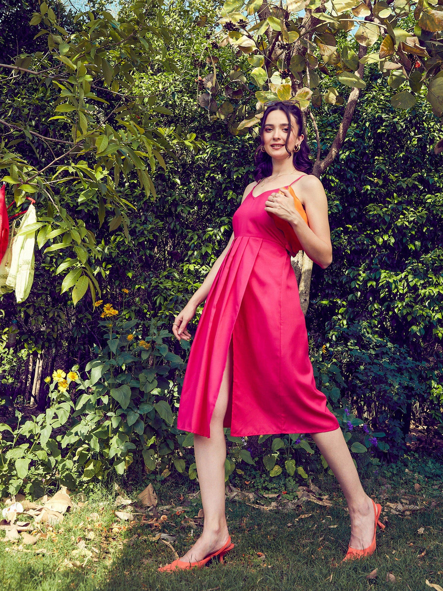 Fuchsia Strappy Pleated Midi Dress