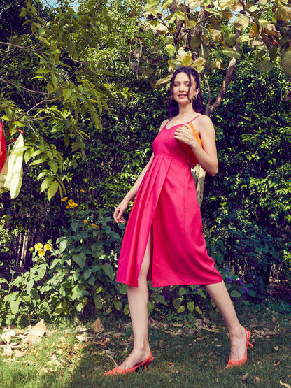 Fuchsia Strappy Pleated Midi Dress