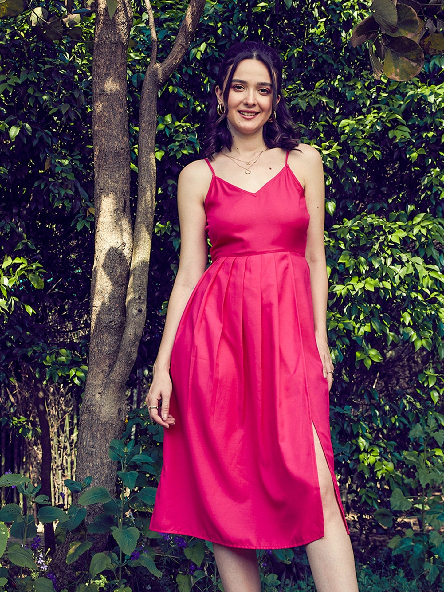 Fuchsia Strappy Pleated Midi Dress