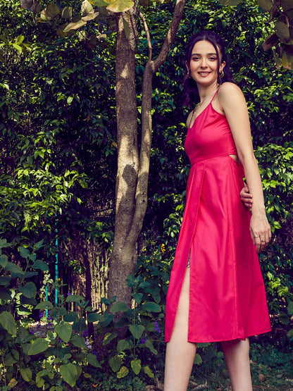 Fuchsia Strappy Pleated Midi Dress