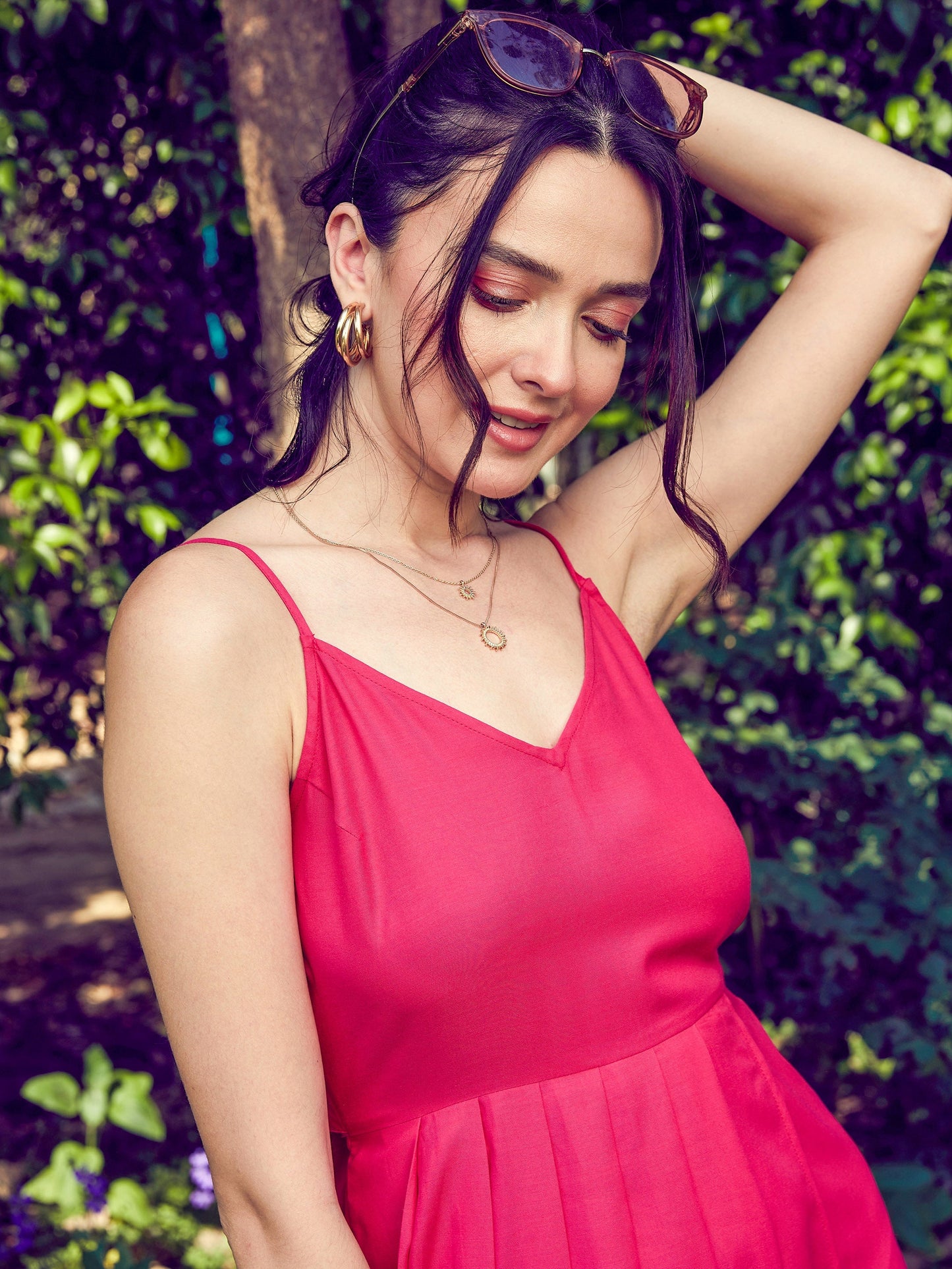 Fuchsia Strappy Pleated Midi Dress