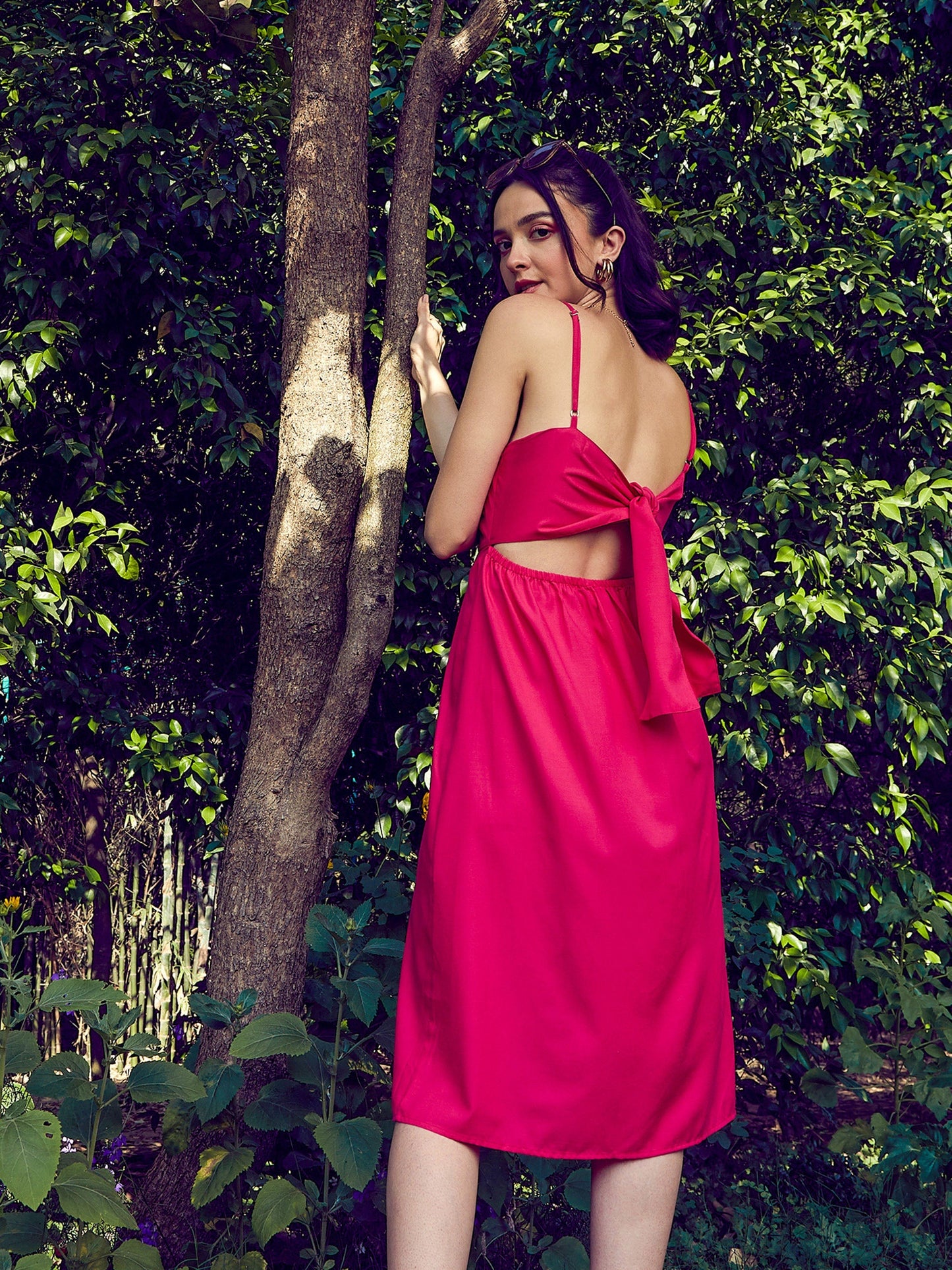 Fuchsia Strappy Pleated Midi Dress