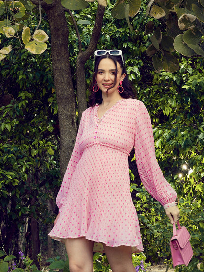 Pink Polka Dot Pleated Dress