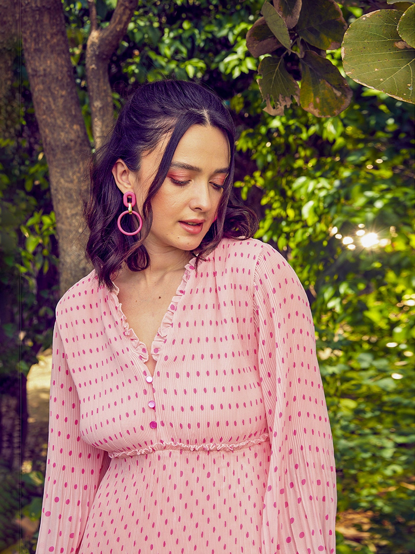 Pink Polka Dot Pleated Dress