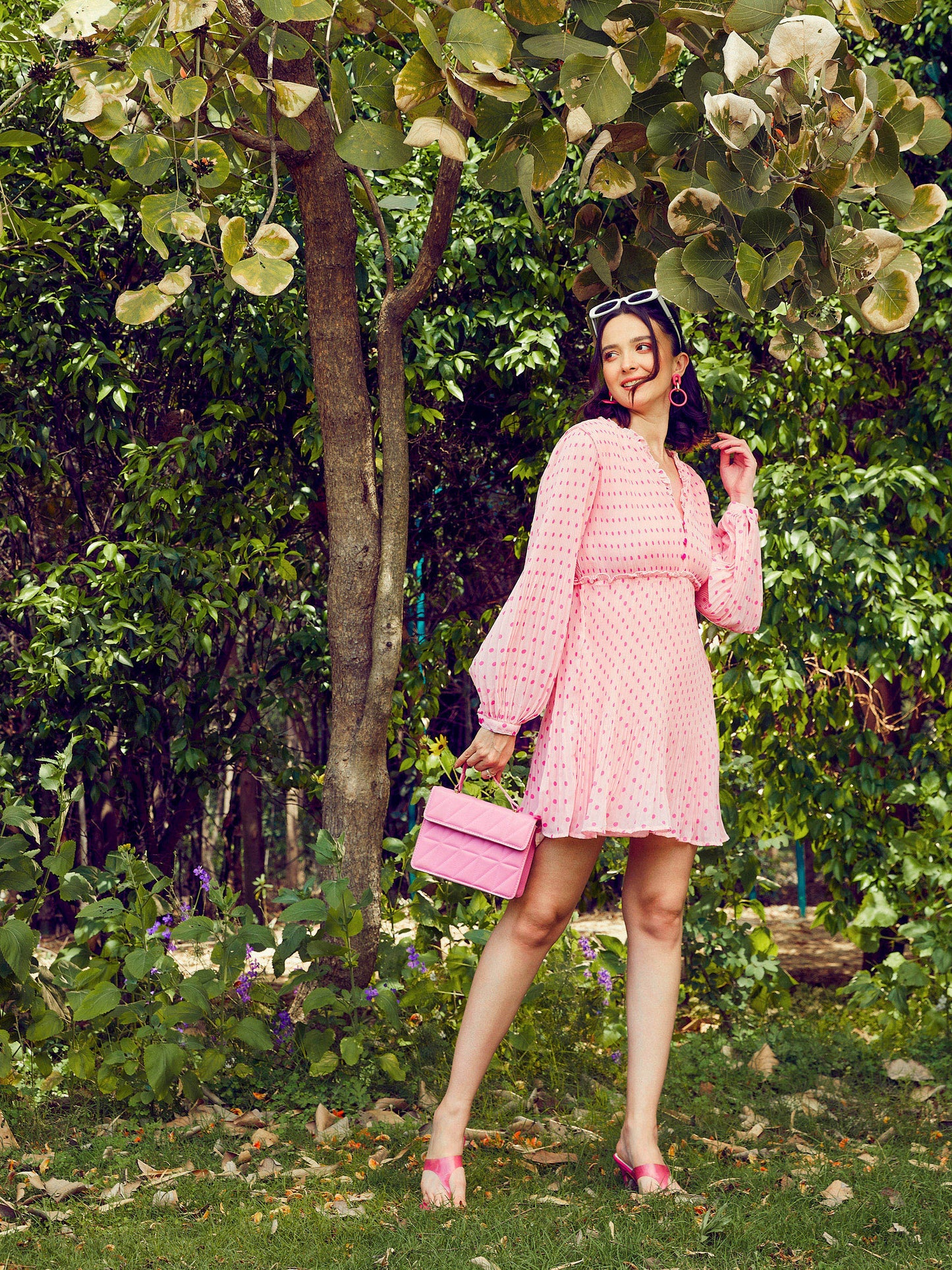 Pink Polka Dot Pleated Dress