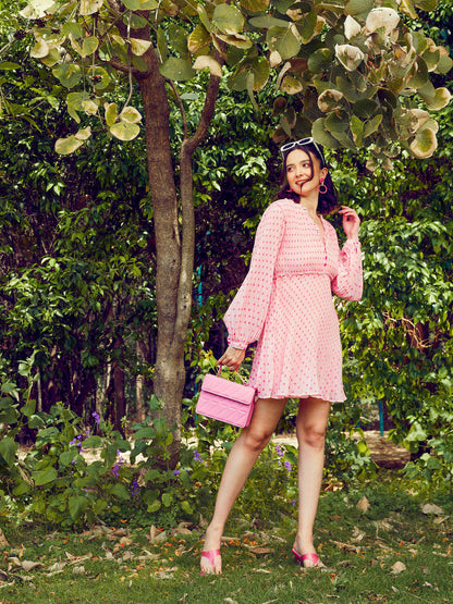 Pink Polka Dot Pleated Dress