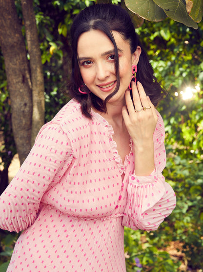 Pink Polka Dot Pleated Dress