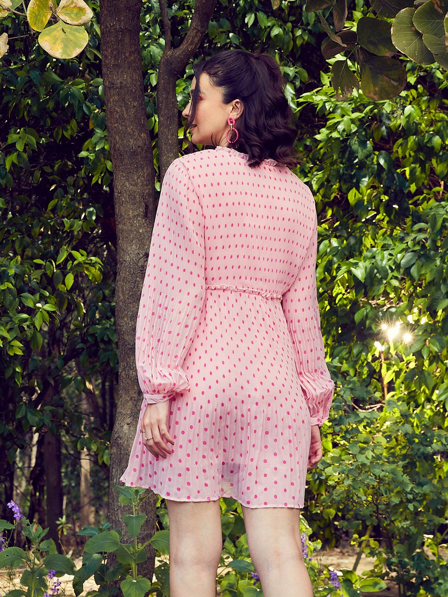 Pink Polka Dot Pleated Dress