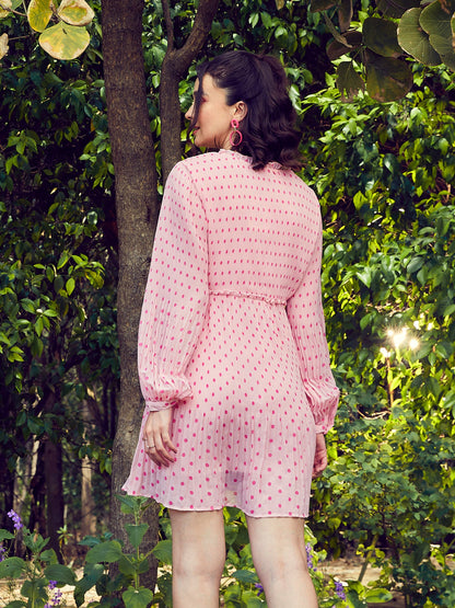 Pink Polka Dot Pleated Dress