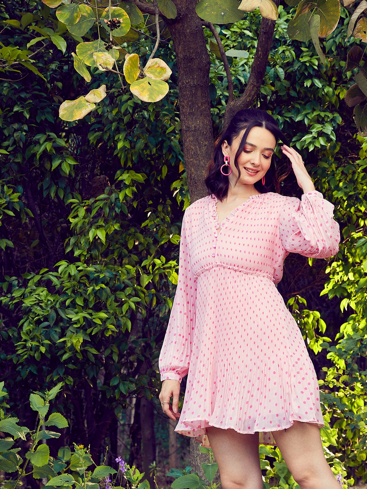 Pink Polka Dot Pleated Dress