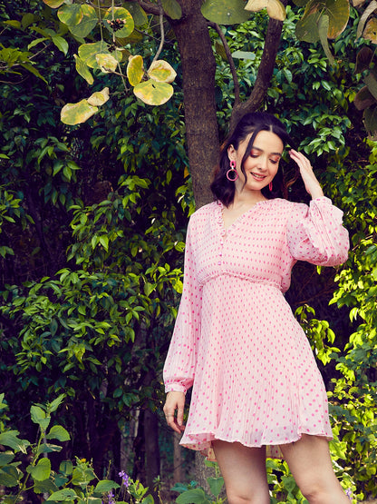 Pink Polka Dot Pleated Dress