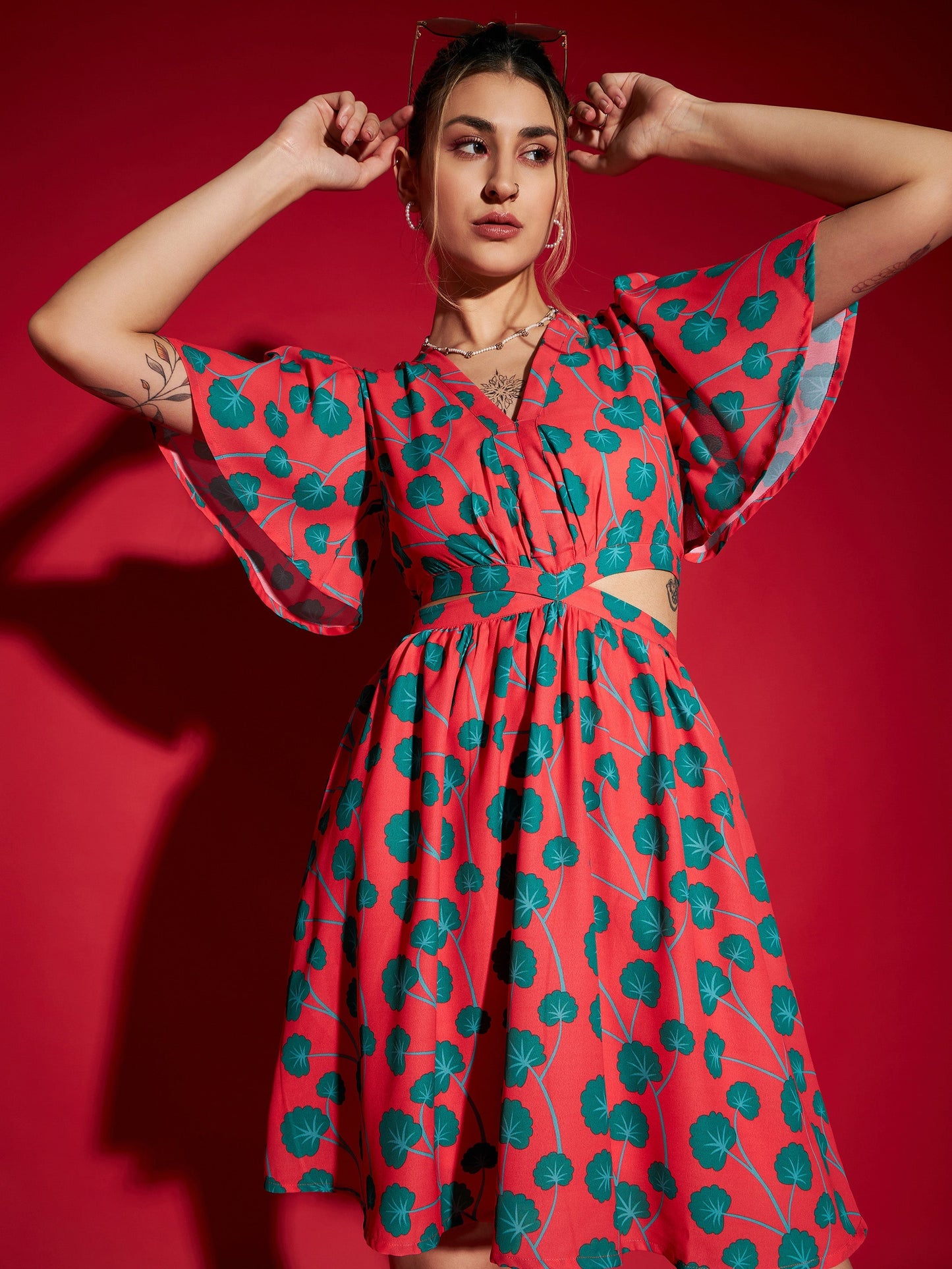 Red Floral Waist Cut Out Short Skater Dress