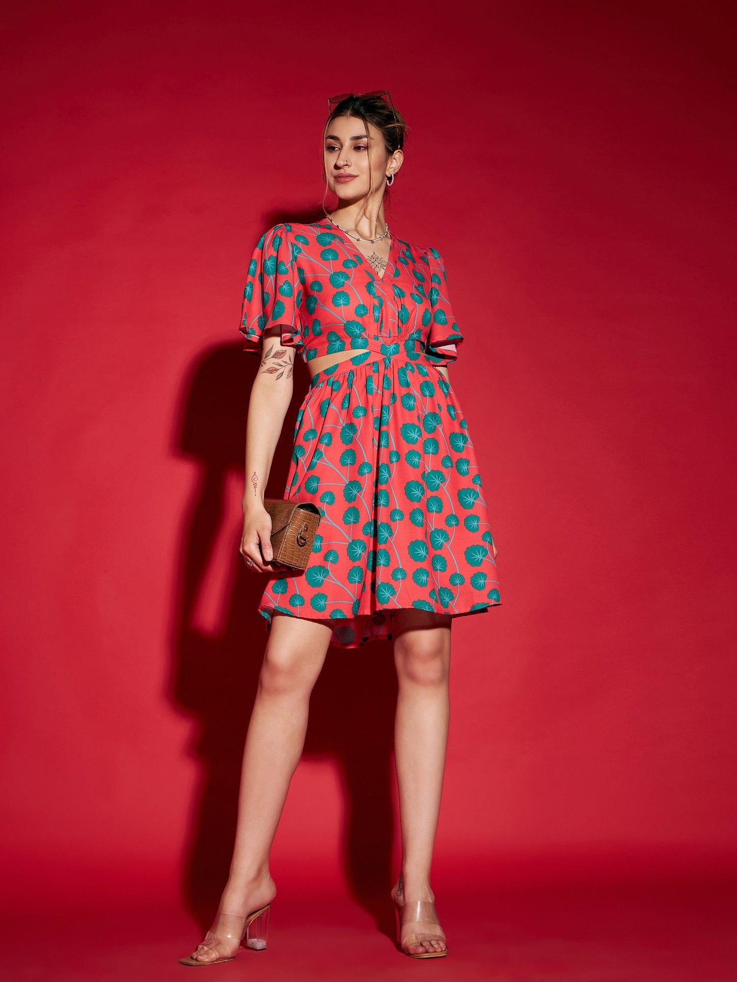 Red Floral Waist Cut Out Short Skater Dress