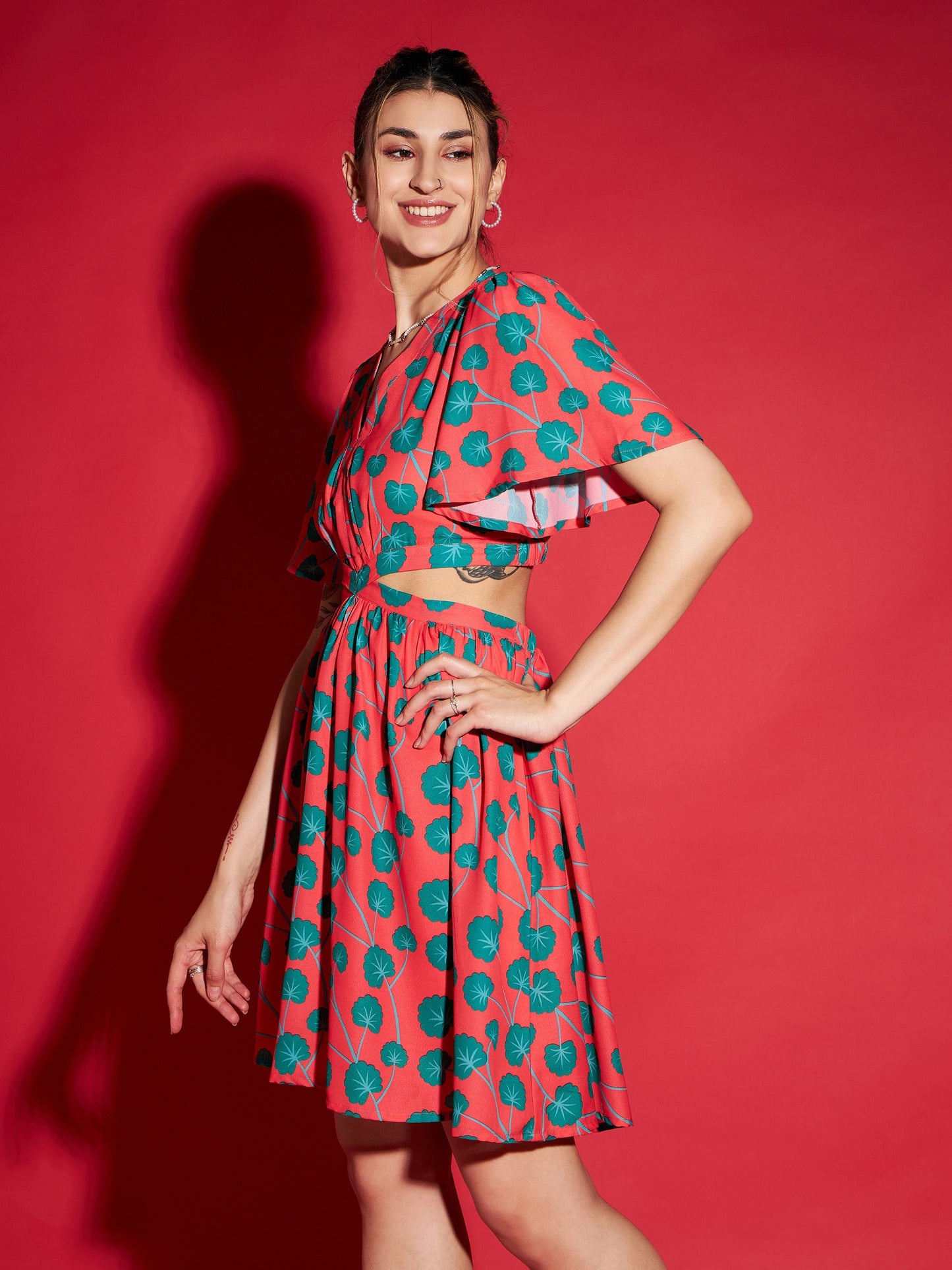 Red Floral Waist Cut Out Short Skater Dress