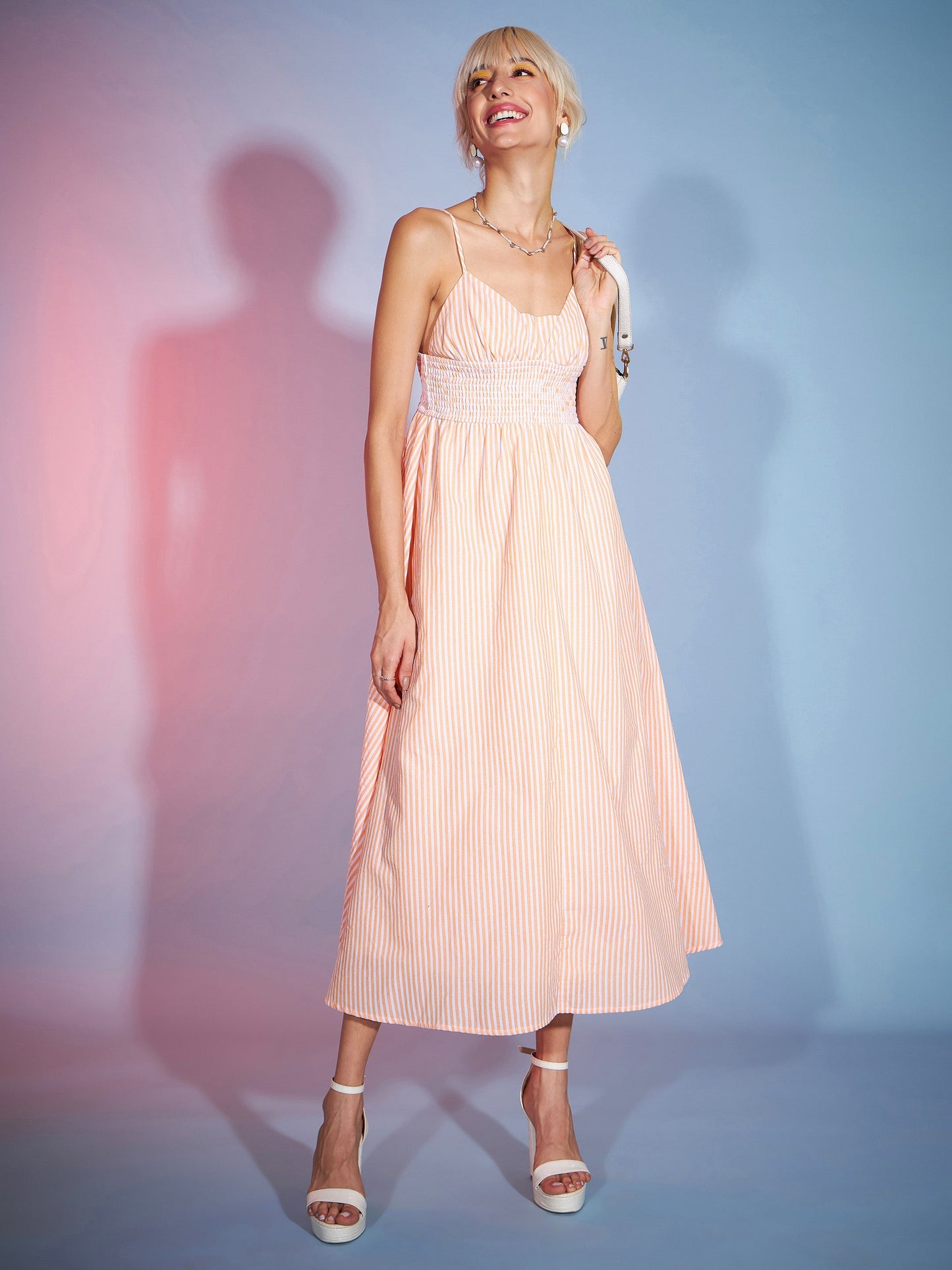 Orange & White Striped Strappy Maxi Dress
