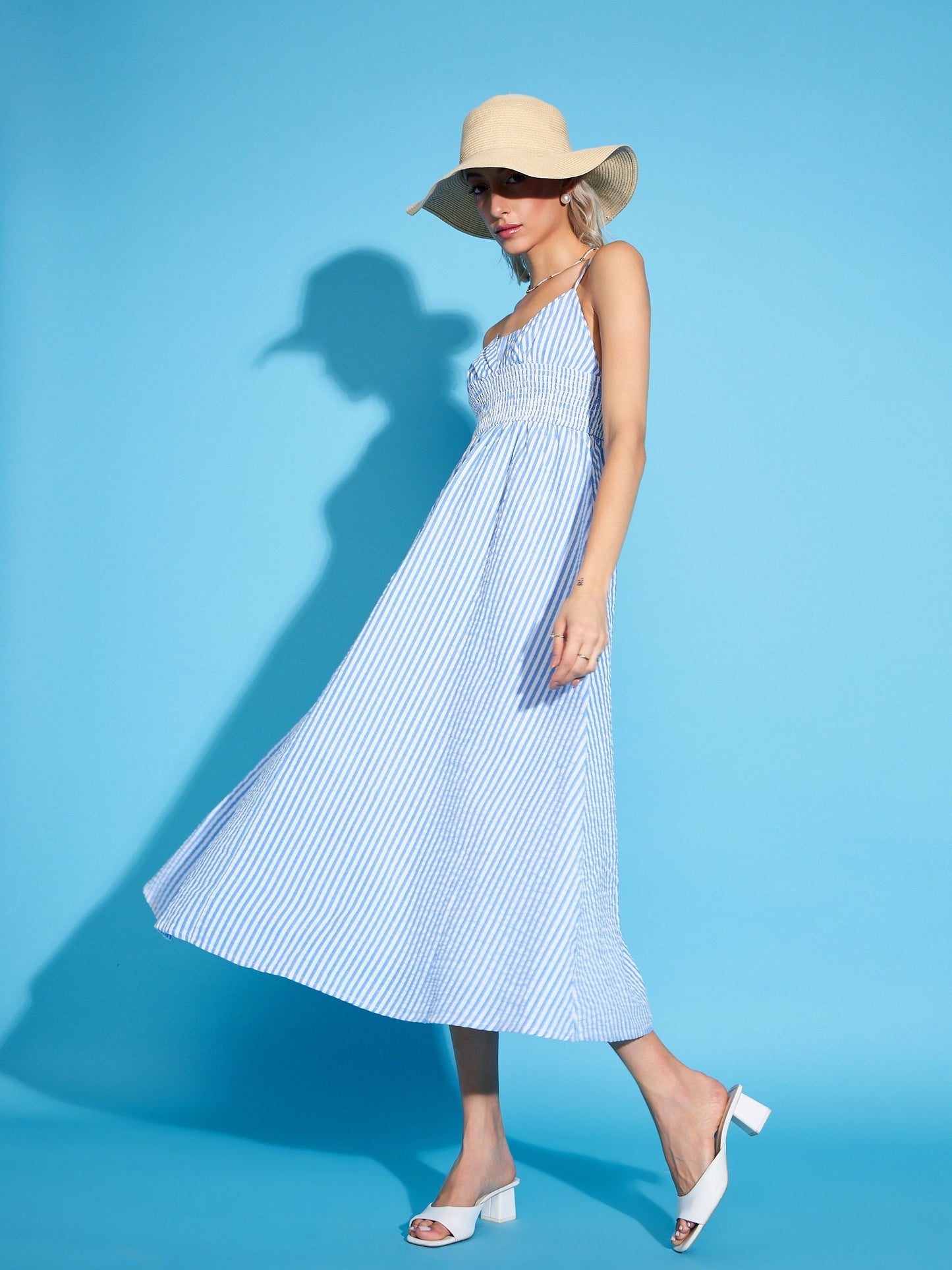 Blue & White Striped Strappy Maxi Dress