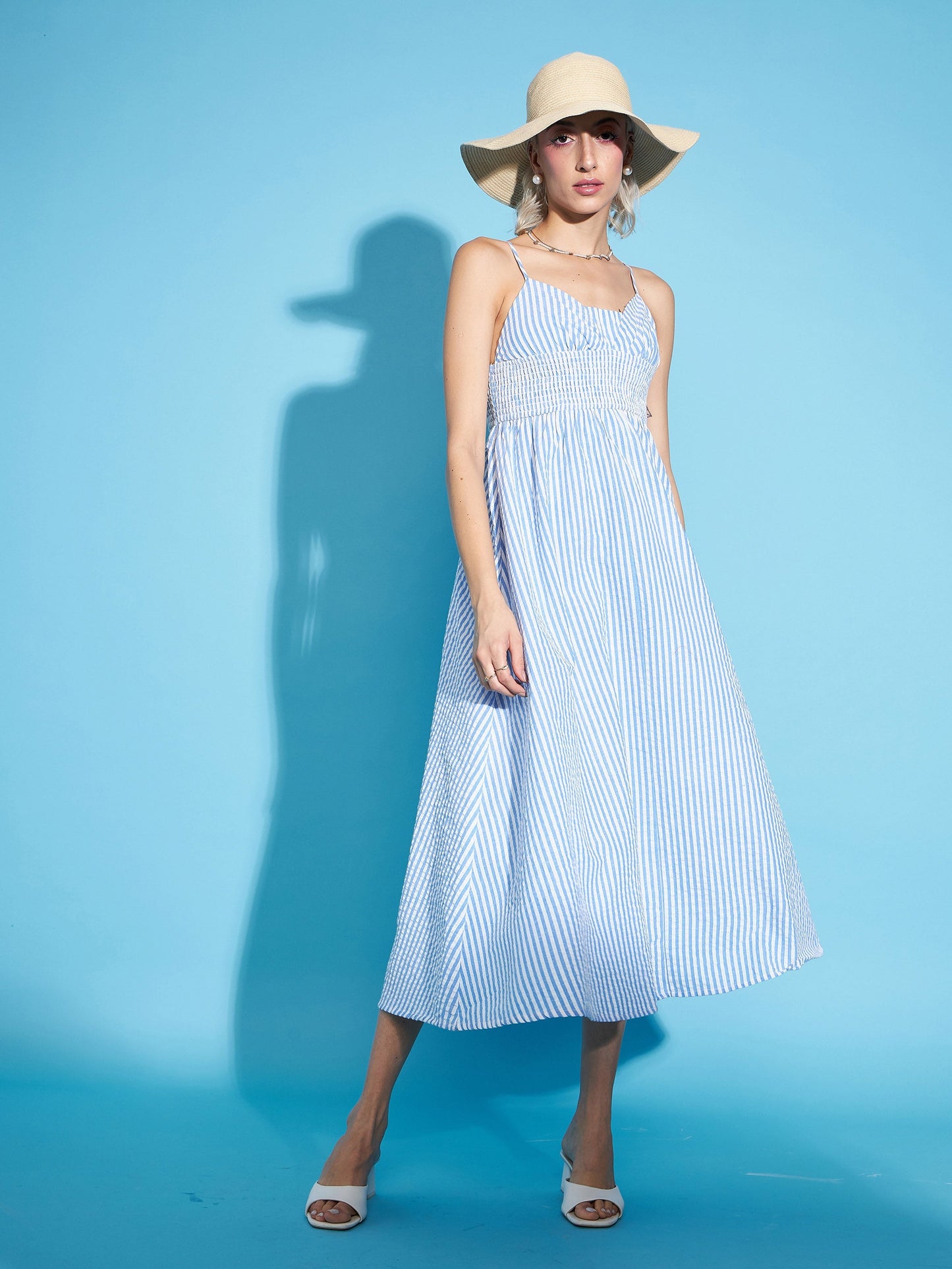 Blue & White Striped Strappy Maxi Dress