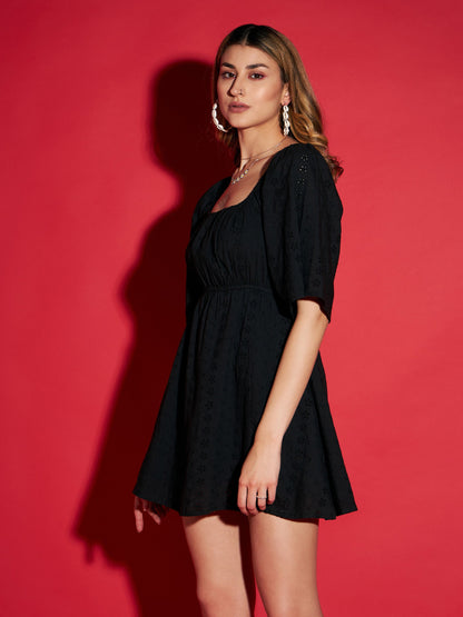Black Schiffli Back Tie Short Skater Dress