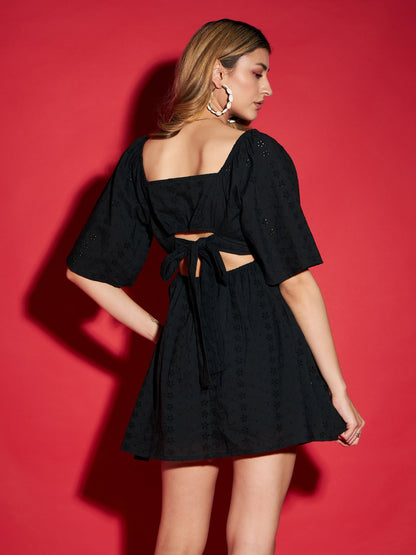 Black Schiffli Back Tie Short Skater Dress