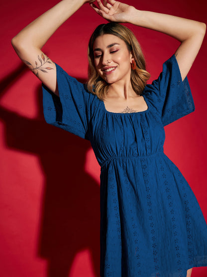 Women Royal Blue Schiffli Back Tie Short Skater Dress