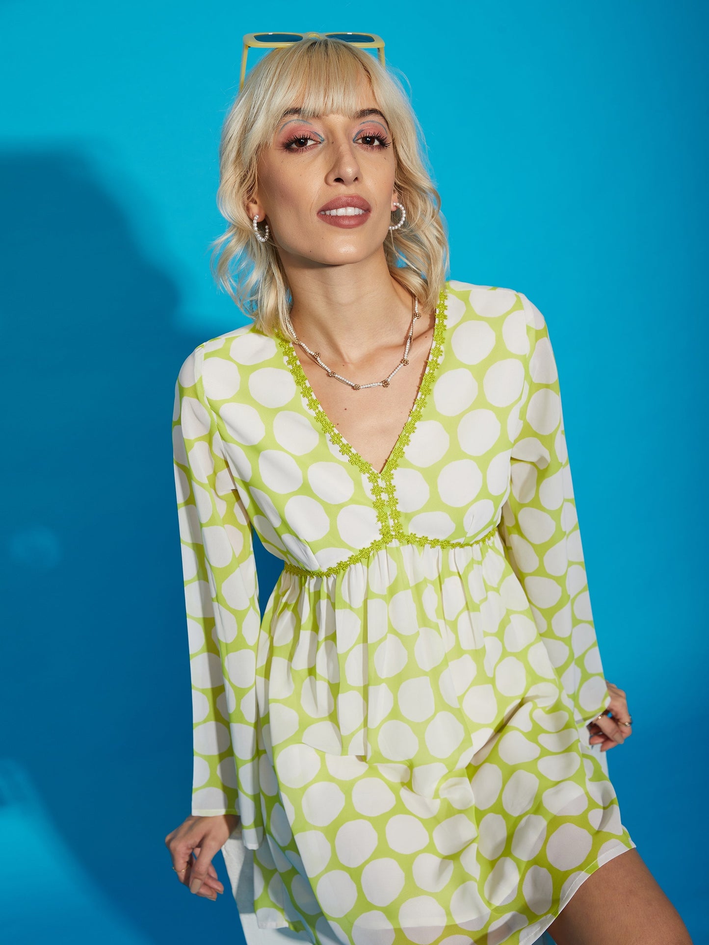 Green Polka Dot Flared Sleeve Skater Dress