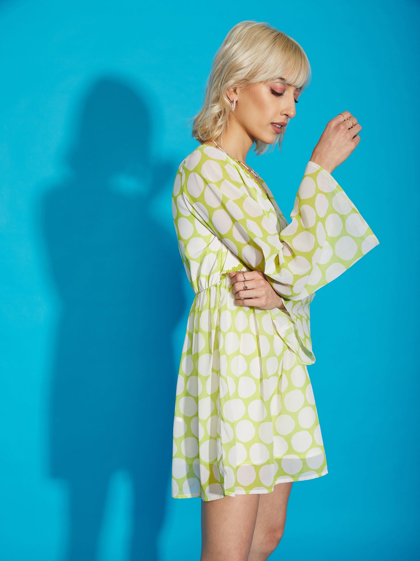Green Polka Dot Flared Sleeve Skater Dress