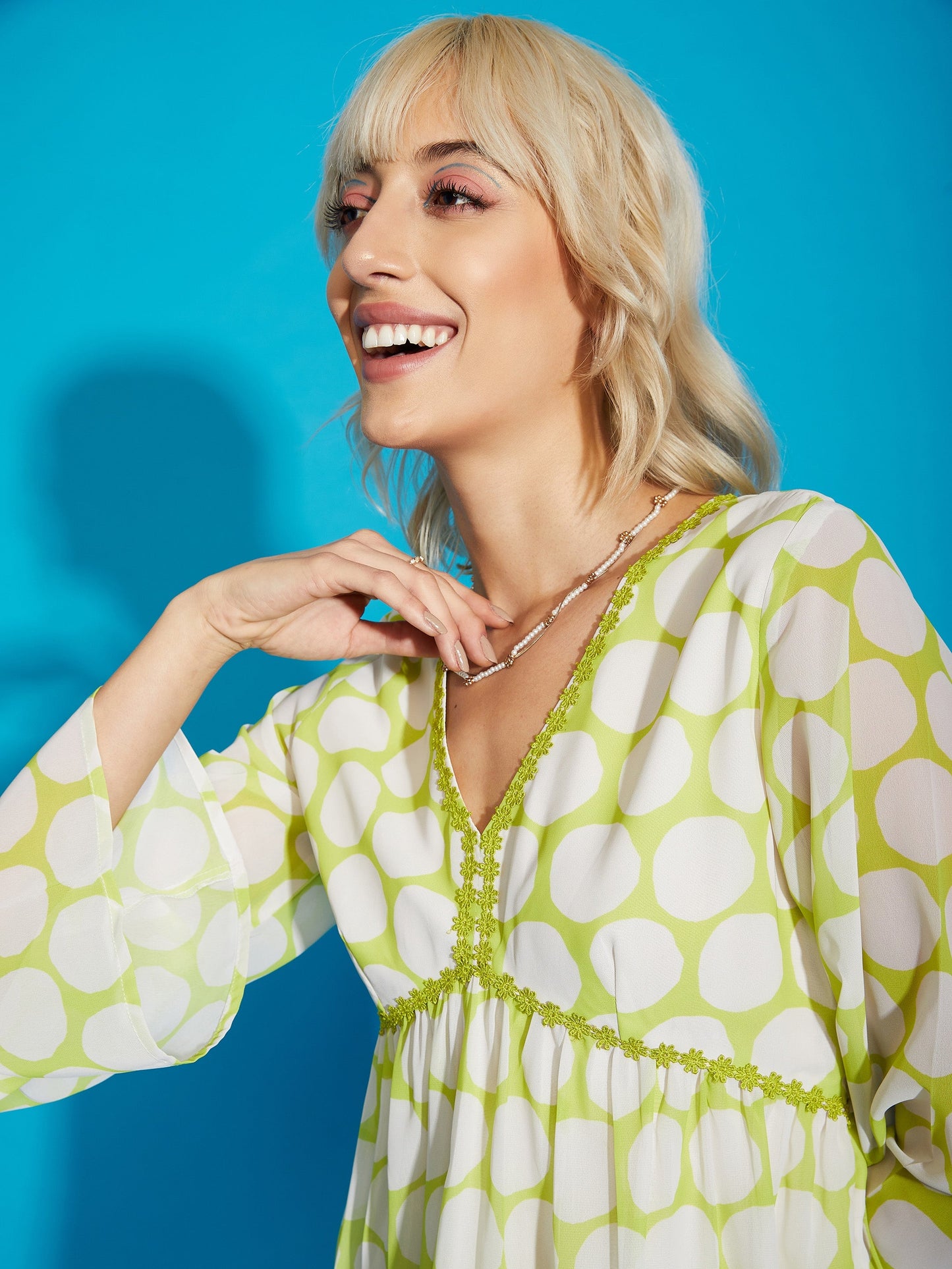 Green Polka Dot Flared Sleeve Skater Dress
