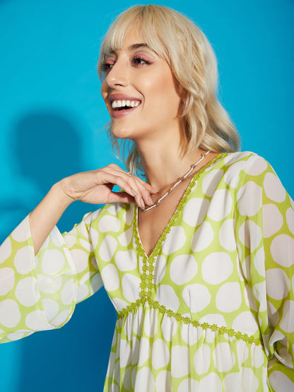 Green Polka Dot Flared Sleeve Skater Dress