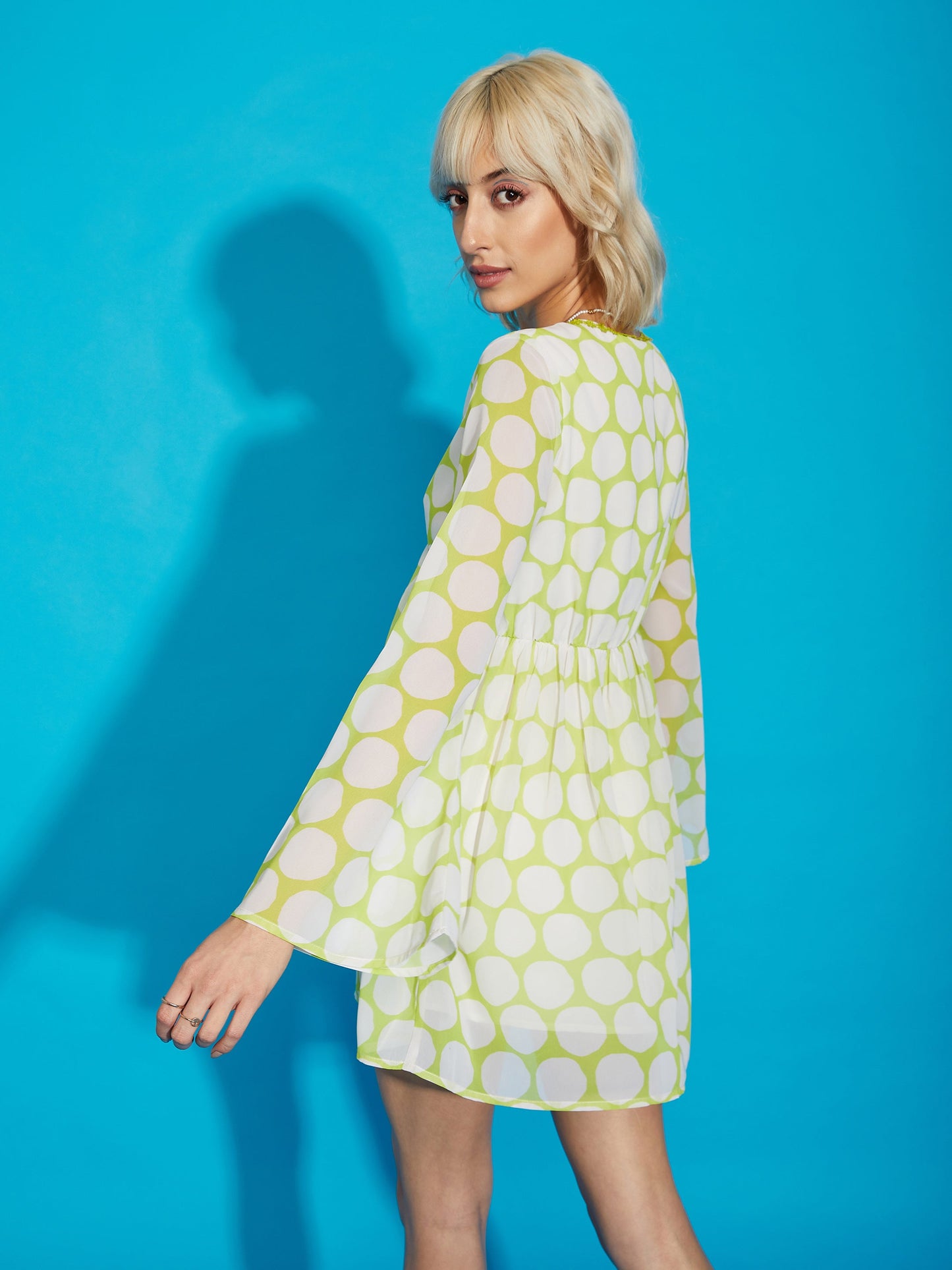 Green Polka Dot Flared Sleeve Skater Dress