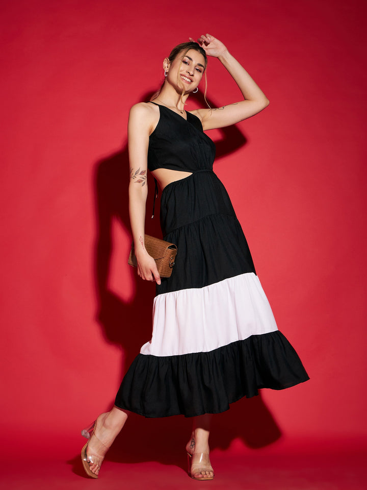 Women Black &amp; White Colour Block Tiered Maxi Dress