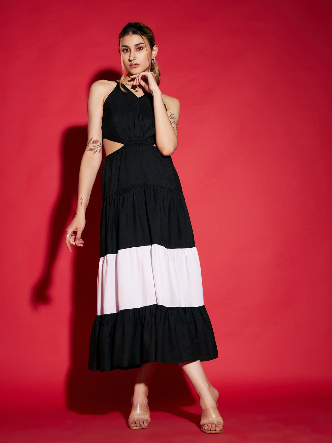 Women Black &amp; White Colour Block Tiered Maxi Dress