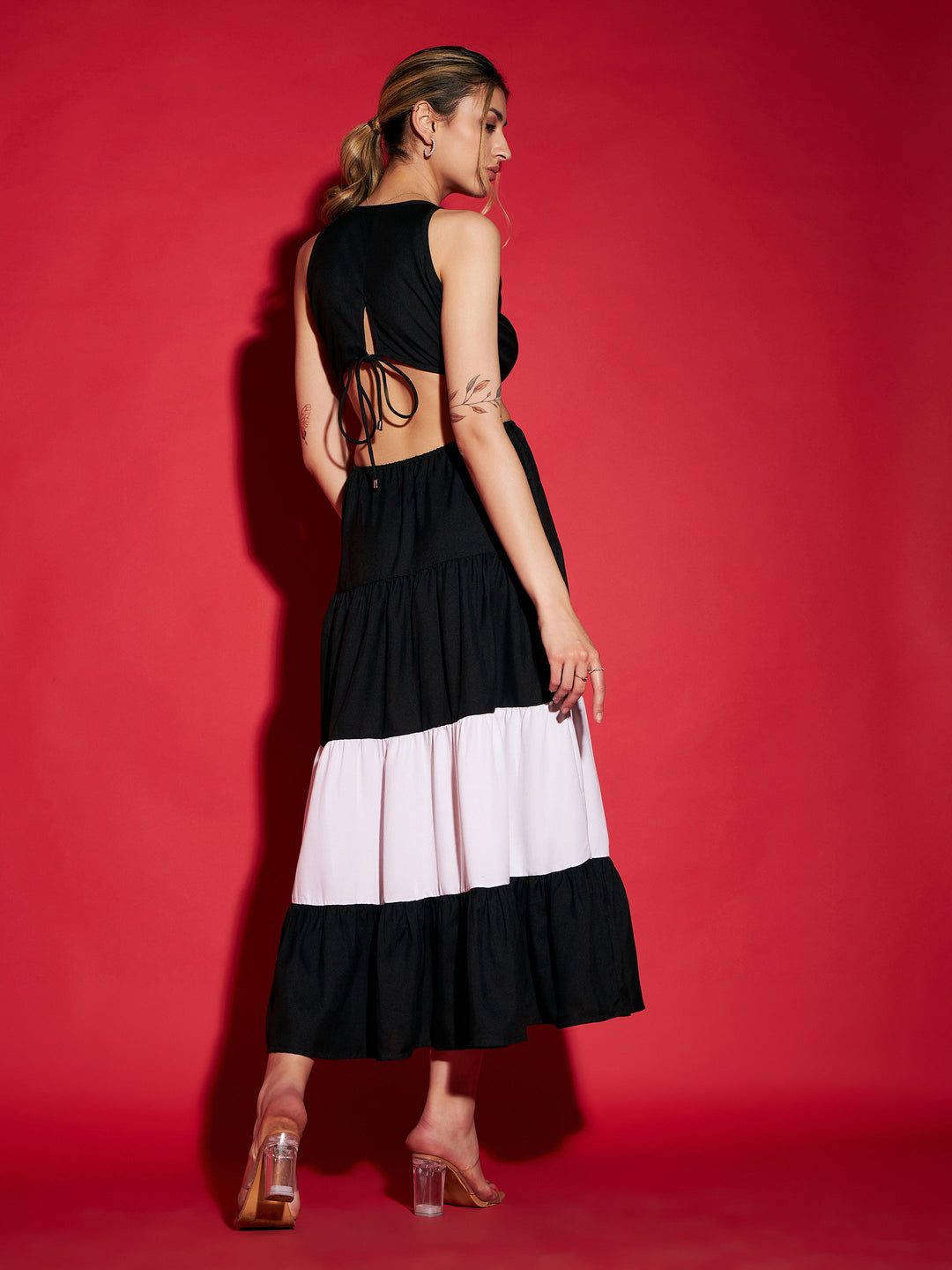 Women Black &amp; White Colour Block Tiered Maxi Dress