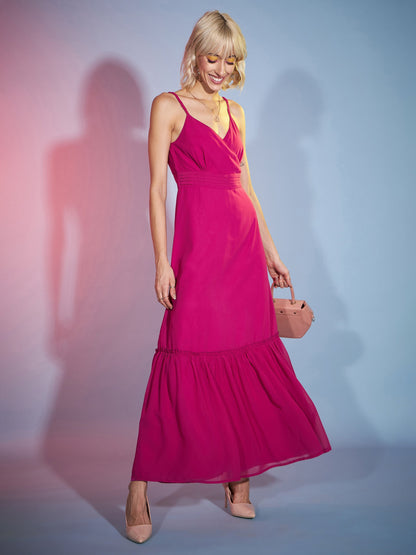 Magenta Strappy Wrap Neck Maxi Dress
