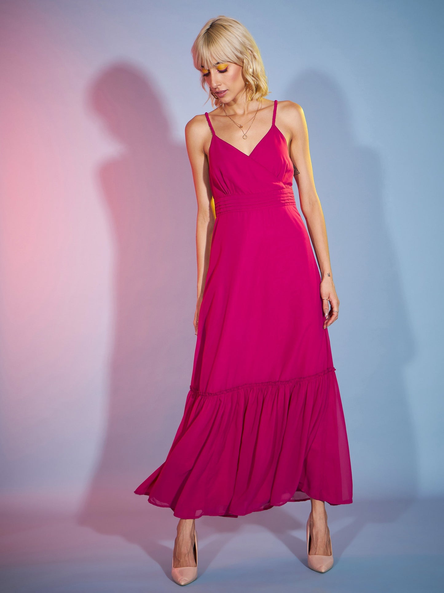 Magenta Strappy Wrap Neck Maxi Dress