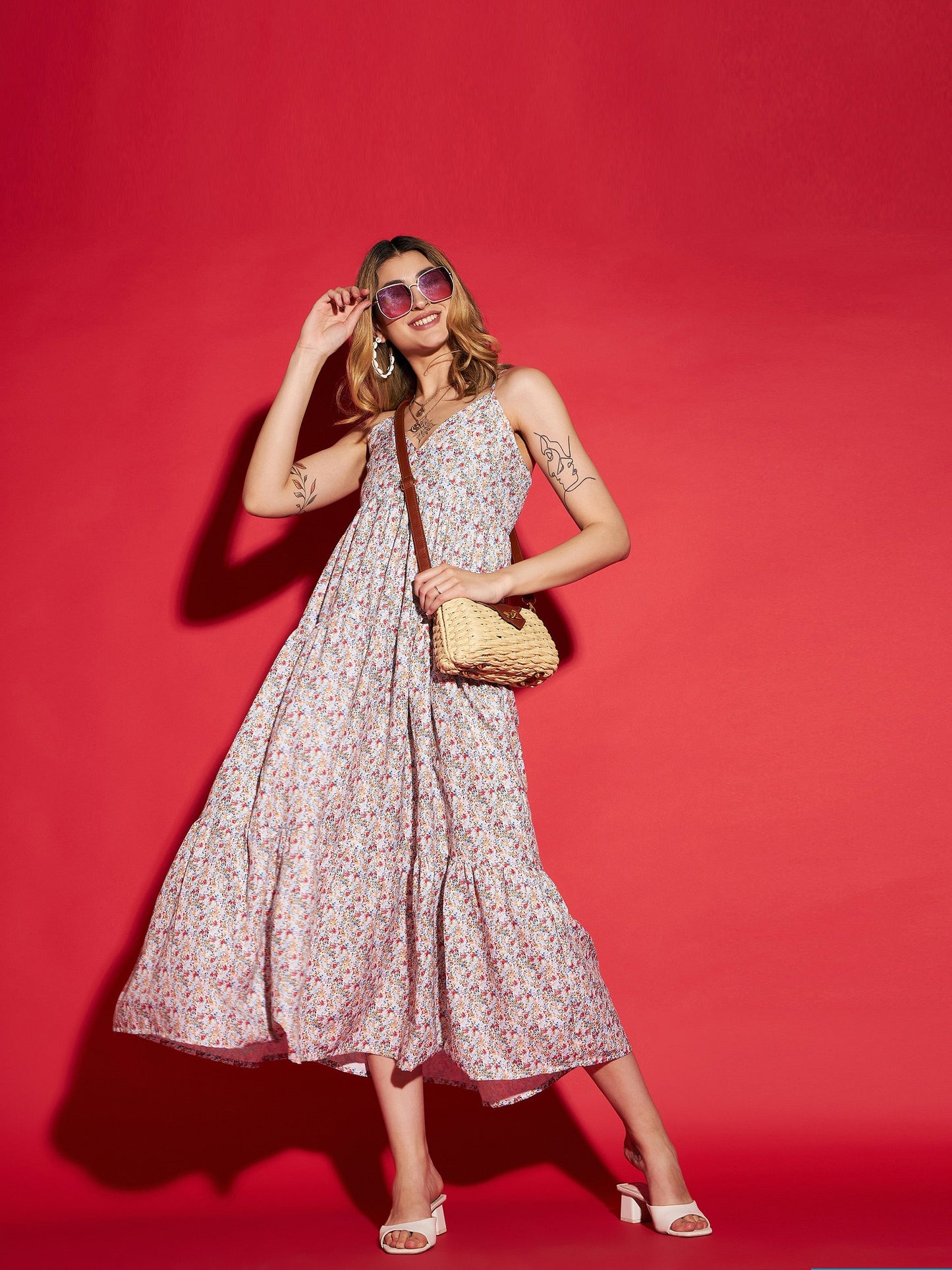 White Ditsy Floral Strappy Tiered Maxi Dress
