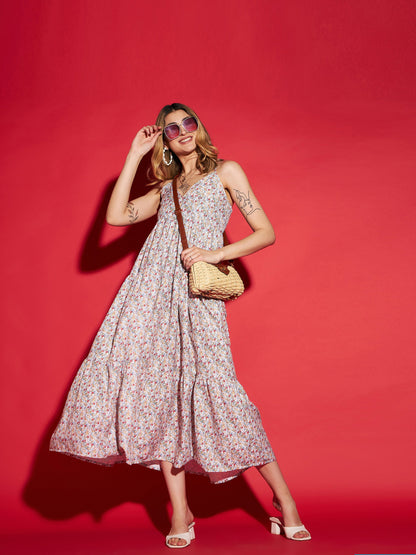 White Ditsy Floral Strappy Tiered Maxi Dress