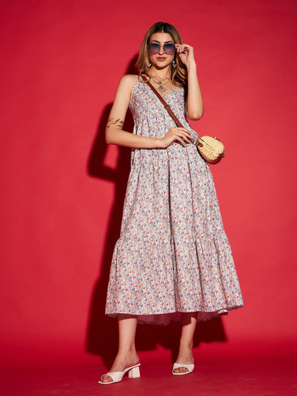 White Ditsy Floral Strappy Tiered Maxi Dress