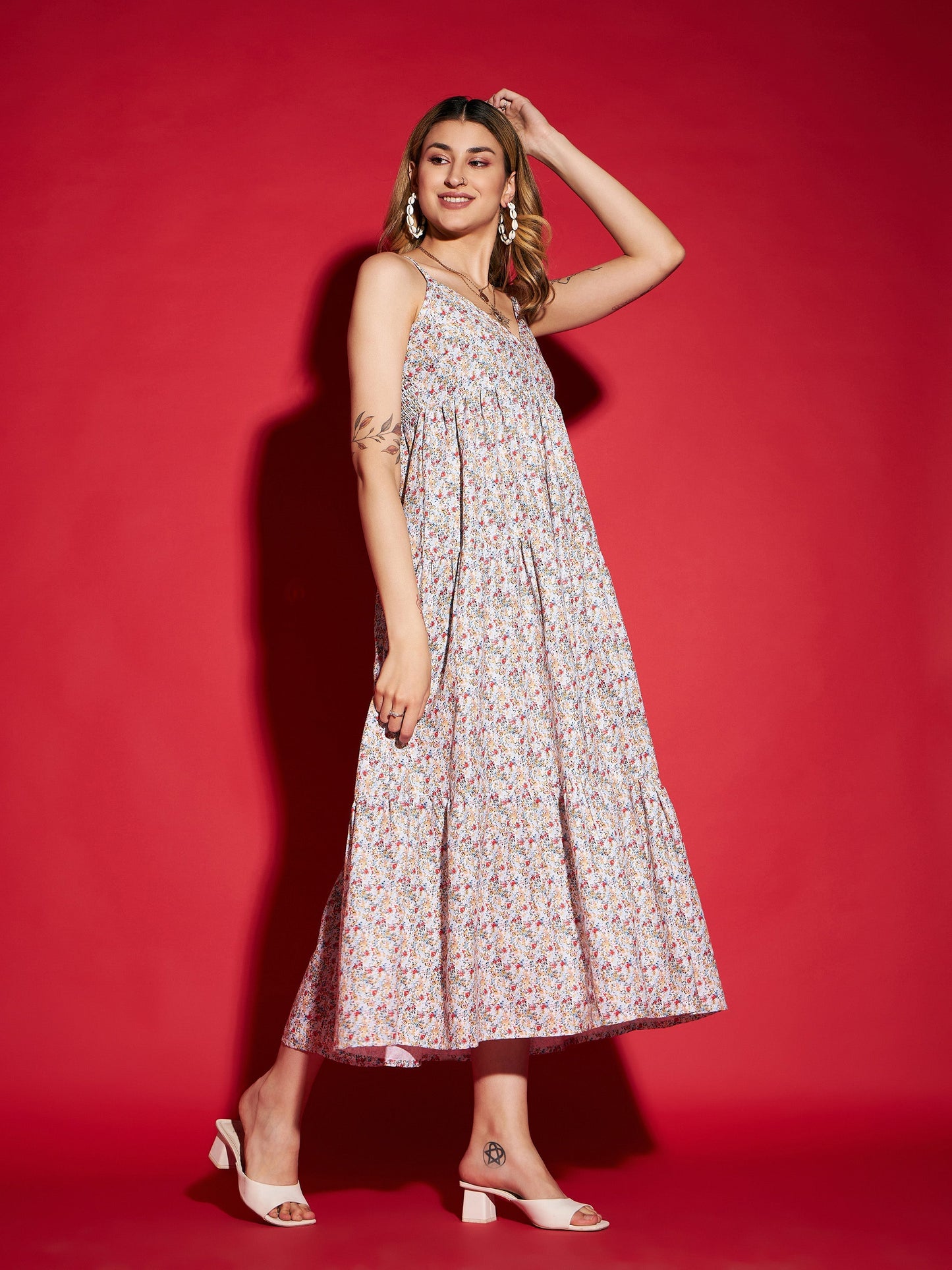 White Ditsy Floral Strappy Tiered Maxi Dress