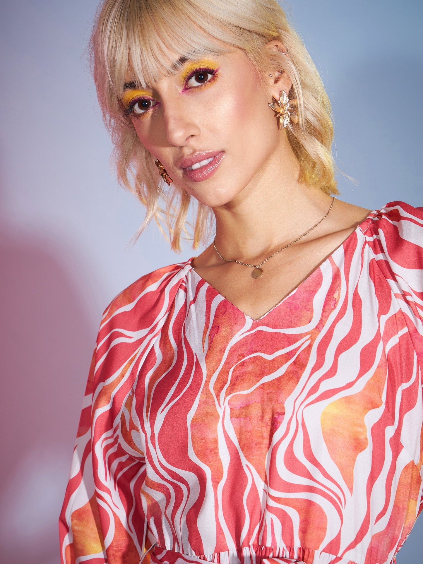 Coral Abstract Water Paint Tiered Mini Dress